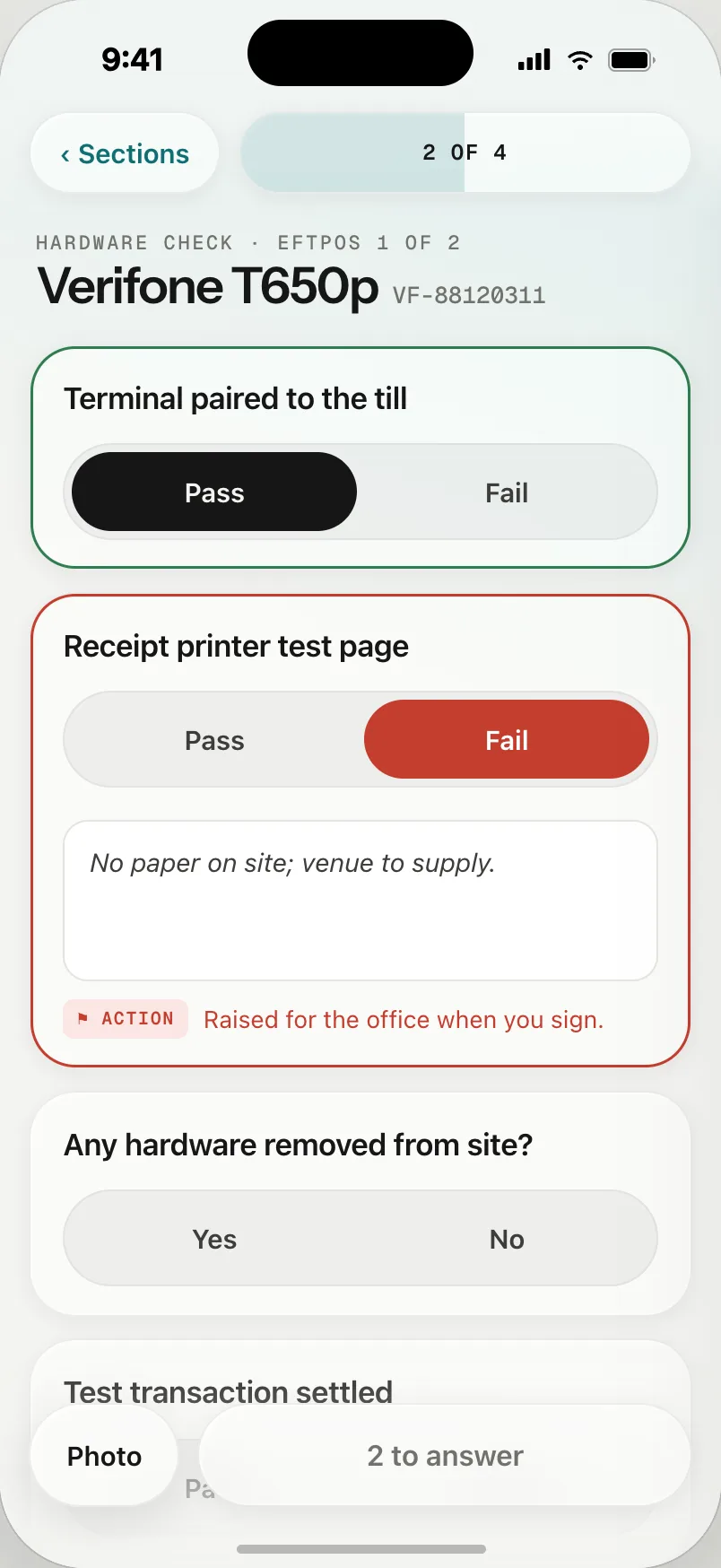 A checklist part-way through, with one answer flagged