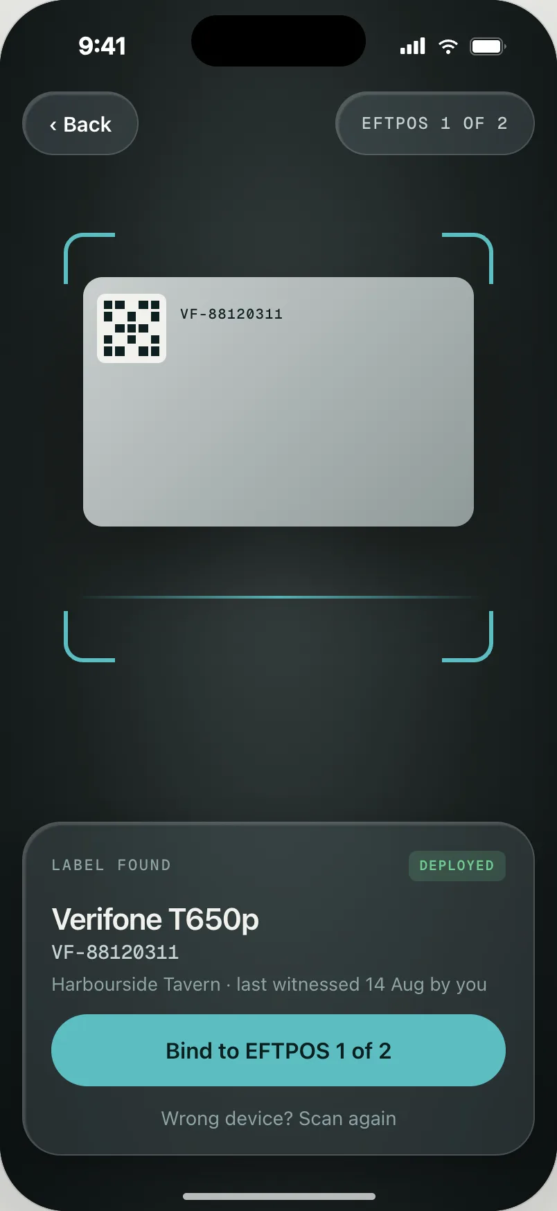 The app scanning a QR label on a terminal