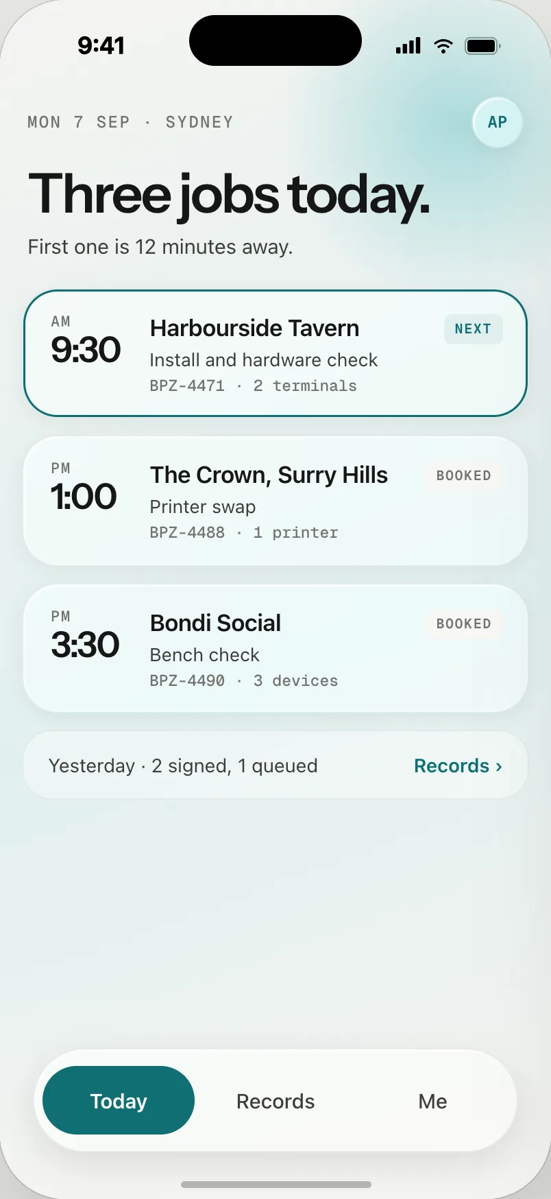 The app's Today screen, listing three booked jobs